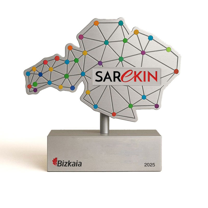 Trofeo del premio Sarekin representando un mapa de Bizkaia unido con nodos